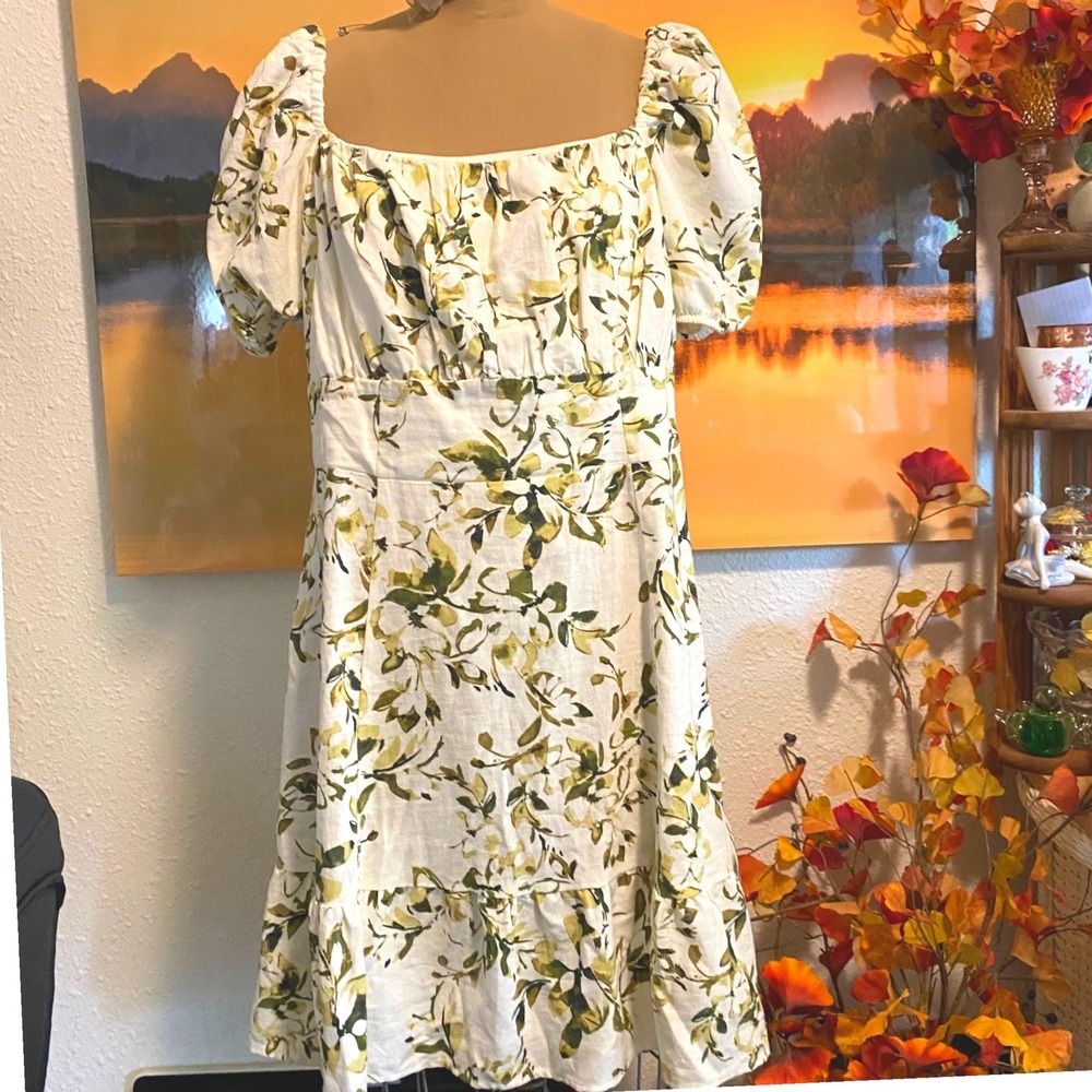 London Times Floral Dress Cottagecore Summer Midi Women 16 Linen White Green